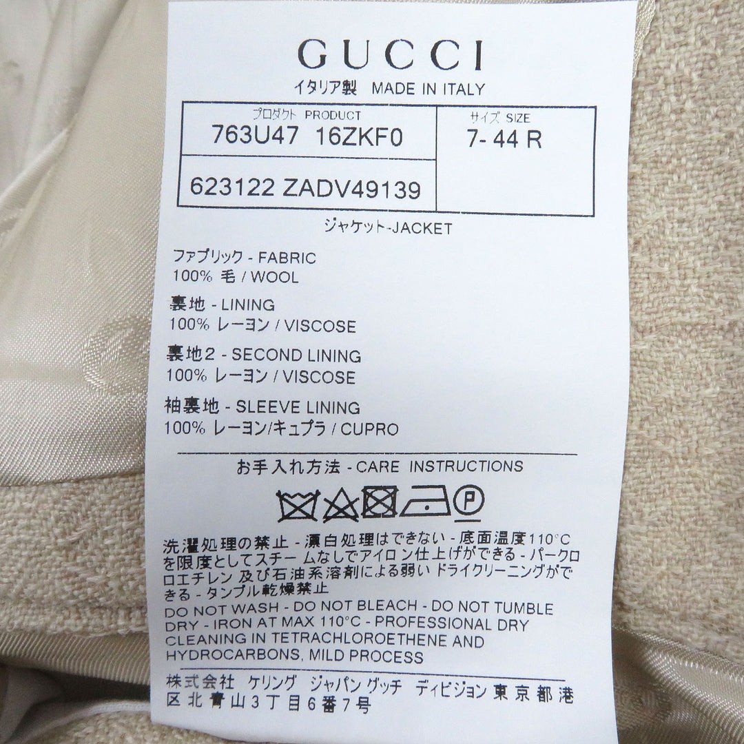 極美品 グッチ 623122 ウール 織柄 ワイドラペル 金ボタン シングル テーラードジャケット ベージュ 44 伊製 正規品