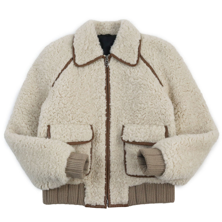 極美品●フェンディ 2022年製 FW1163 レザートリミング 中綿入り ウールアルパカブルゾン ベージュ ブラウン 46 伊製 正規品 メンズ