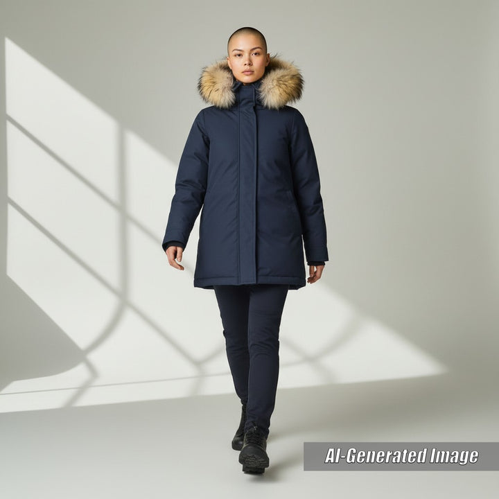美品★ピレネックス BORDEAUX FUR ラクーンファー・フード付 ZIP UP ダウンジャケット 紺 34 日本サイズS相当 ブルガリア製 正規品