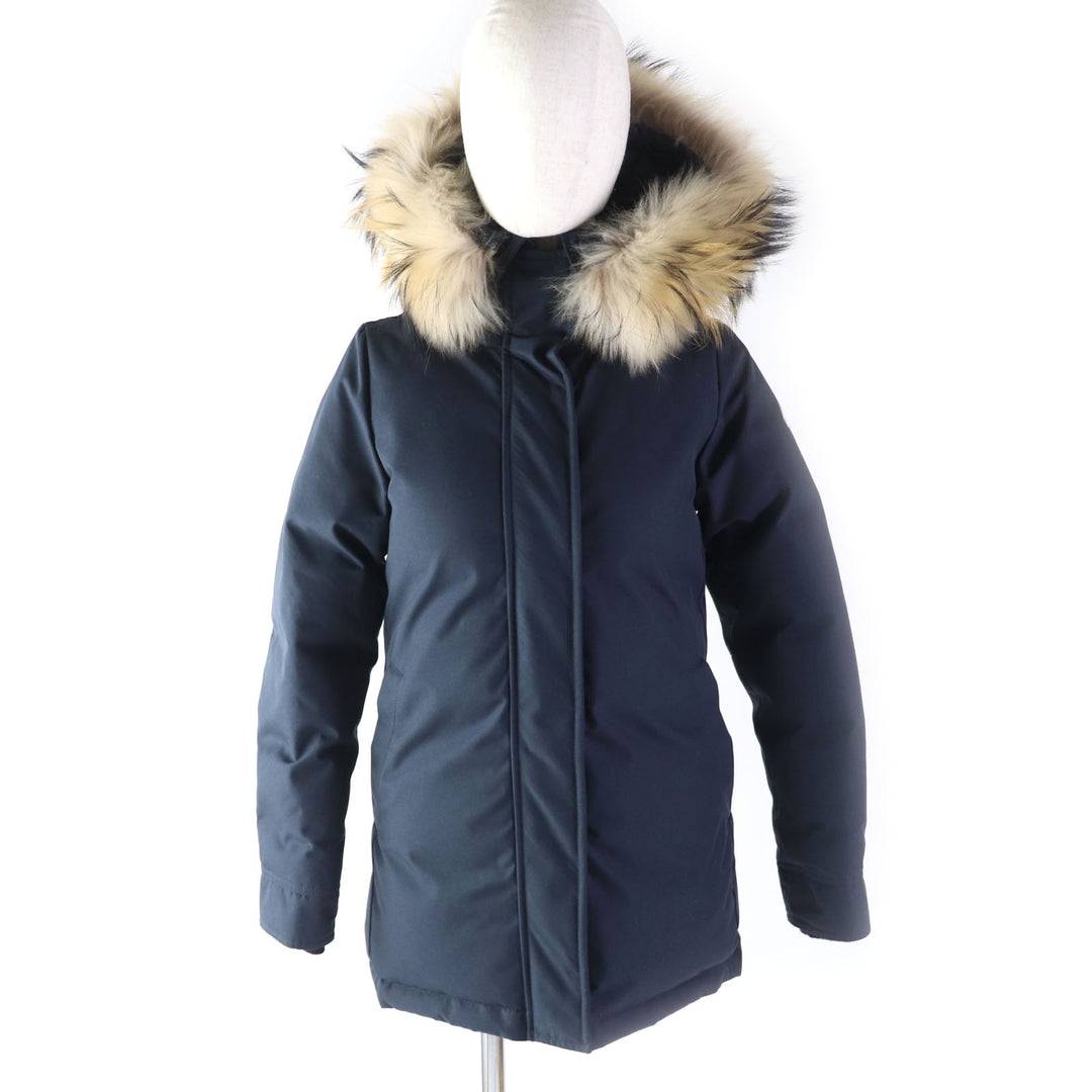 美品★ピレネックス BORDEAUX FUR ラクーンファー・フード付 ZIP UP ダウンジャケット 紺 34 日本サイズS相当 ブルガリア製 正規品