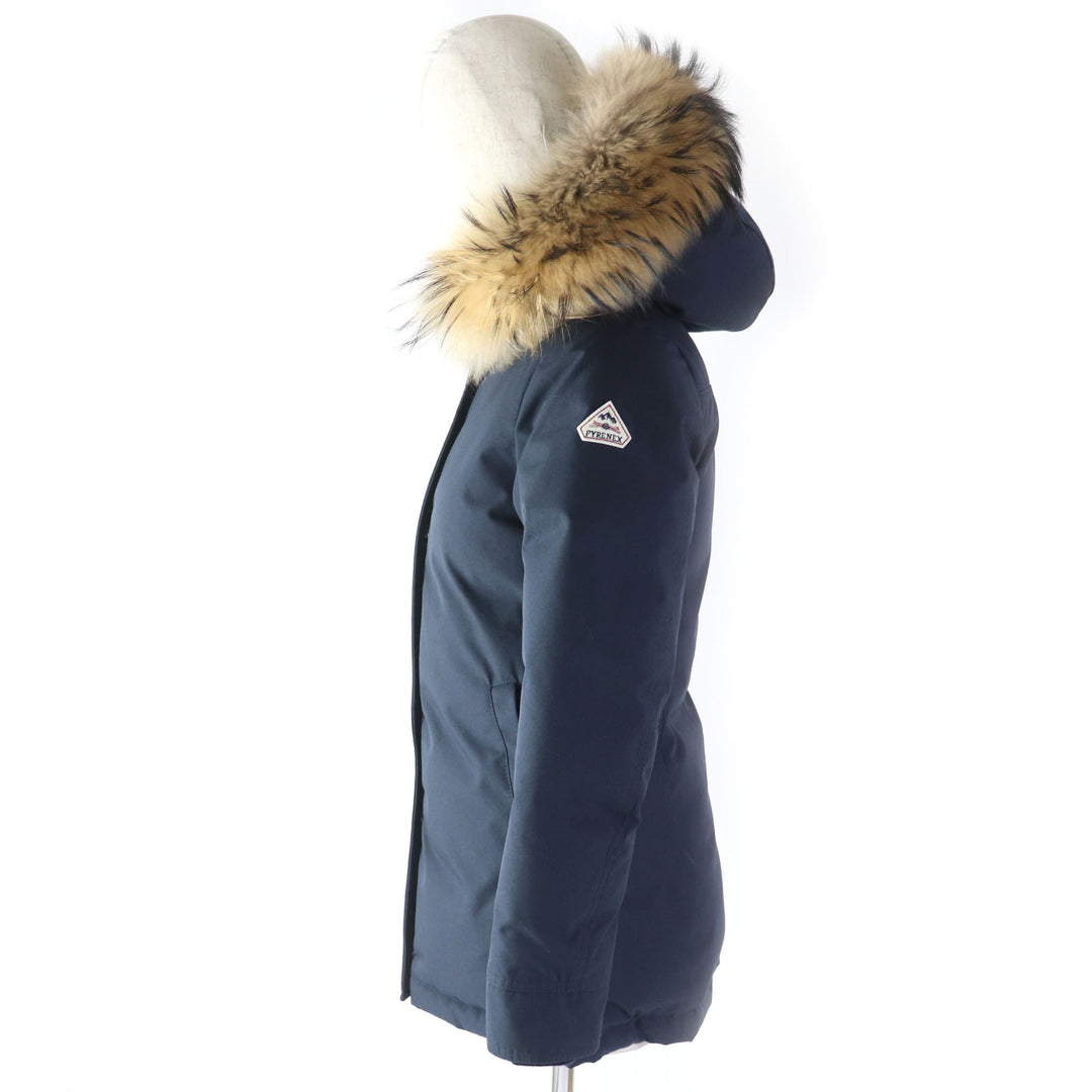美品★ピレネックス BORDEAUX FUR ラクーンファー・フード付 ZIP UP ダウンジャケット 紺 34 日本サイズS相当 ブルガリア製 正規品