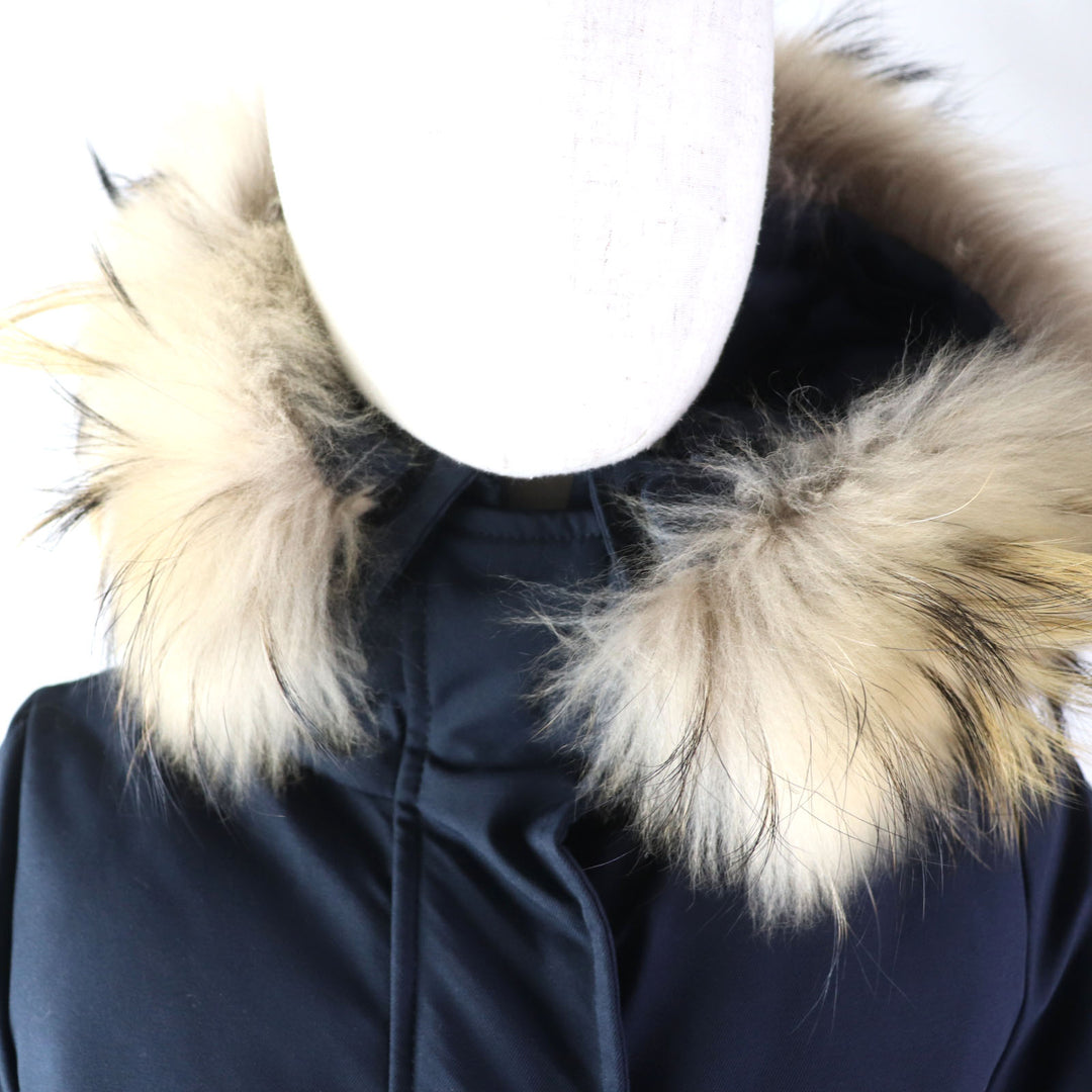 美品★ピレネックス BORDEAUX FUR ラクーンファー・フード付 ZIP UP ダウンジャケット 紺 34 日本サイズS相当 ブルガリア製 正規品