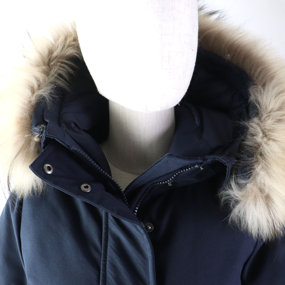 美品★ピレネックス BORDEAUX FUR ラクーンファー・フード付 ZIP UP ダウンジャケット 紺 34 日本サイズS相当 ブルガリア製 正規品