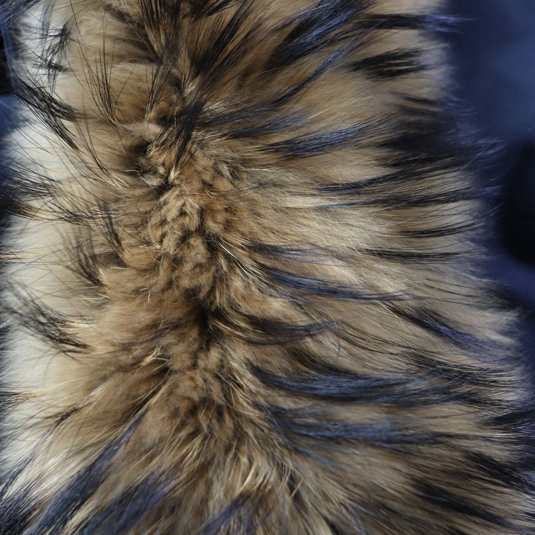美品★ピレネックス BORDEAUX FUR ラクーンファー・フード付 ZIP UP ダウンジャケット 紺 34 日本サイズS相当 ブルガリア製 正規品