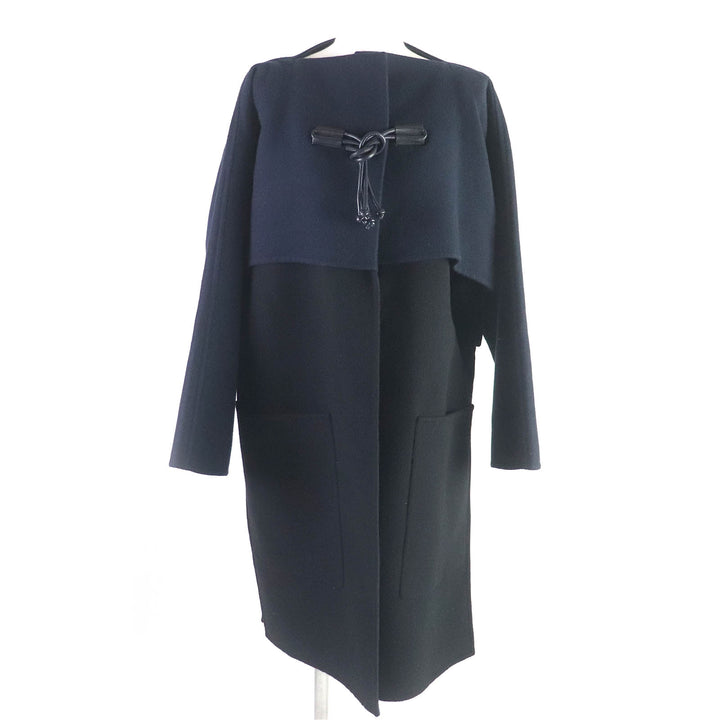 極美品□ エルメス 2022年製 2H0114DB カシミヤ100％ ラムレザー使い ノーカラーコート キモノコート ブラック 36 イタリア製