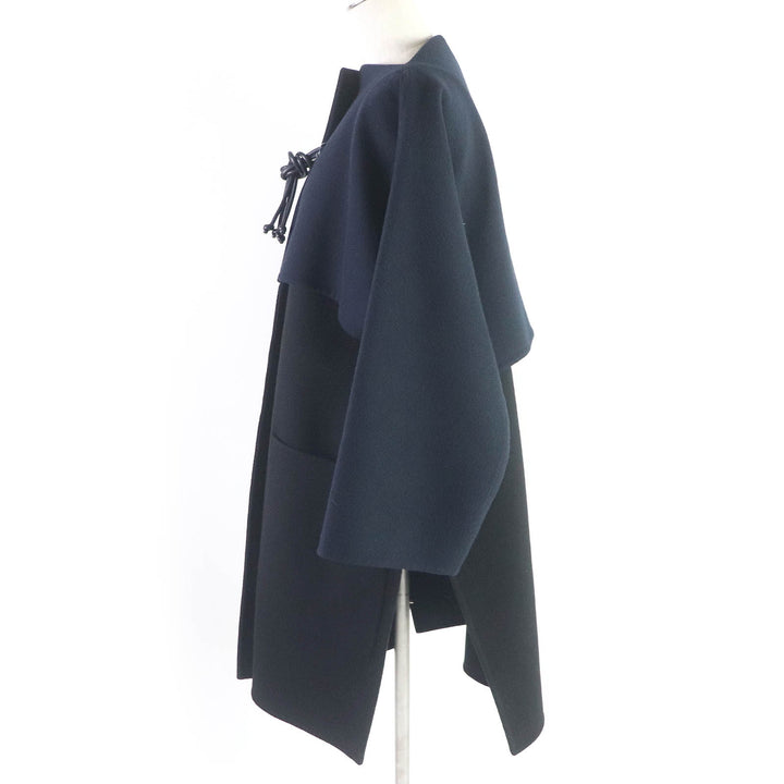 極美品□ エルメス 2022年製 2H0114DB カシミヤ100％ ラムレザー使い ノーカラーコート キモノコート ブラック 36 イタリア製