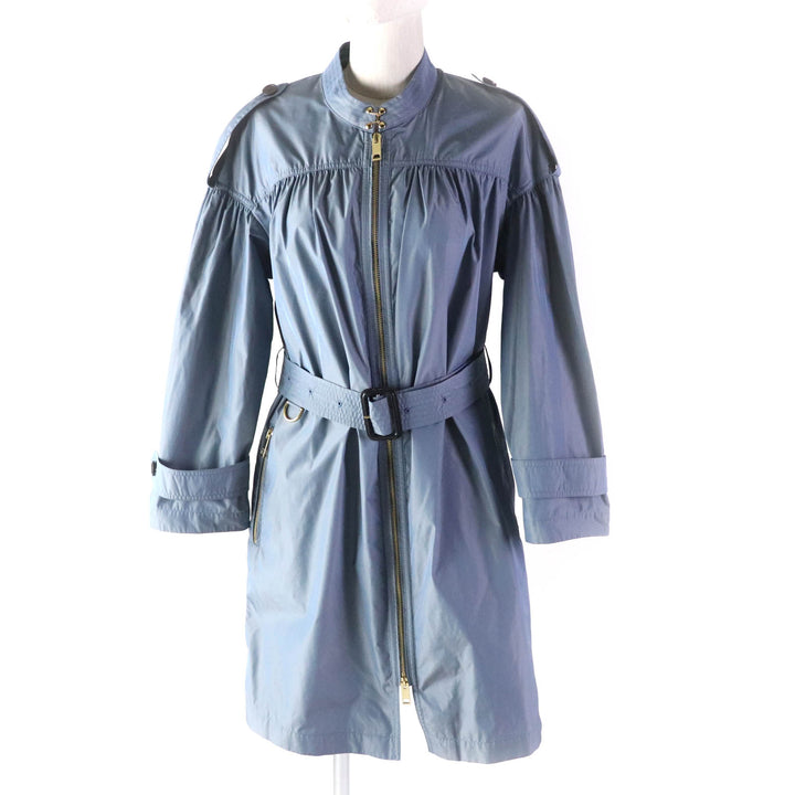 極美品★BURBERRY バーバリー 4054116 ベルト・ロゴZIP付 ノーカラー コート ブルー 36 正規品 レディース