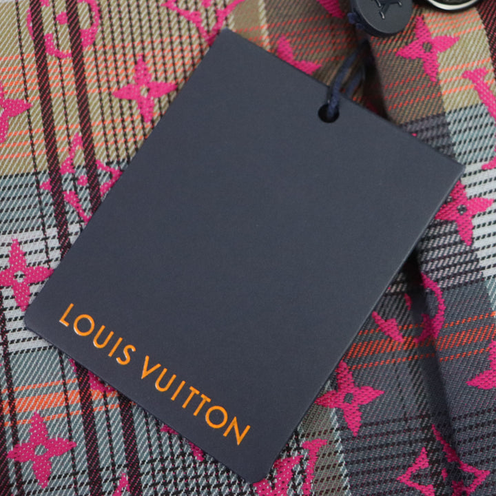 極美品▼LOUIS VUITTON ルイヴィトン マドラスチェック モノグラム ロゴ入りボタン チェスターコート ピンク マルチ 48 伊製 正規品