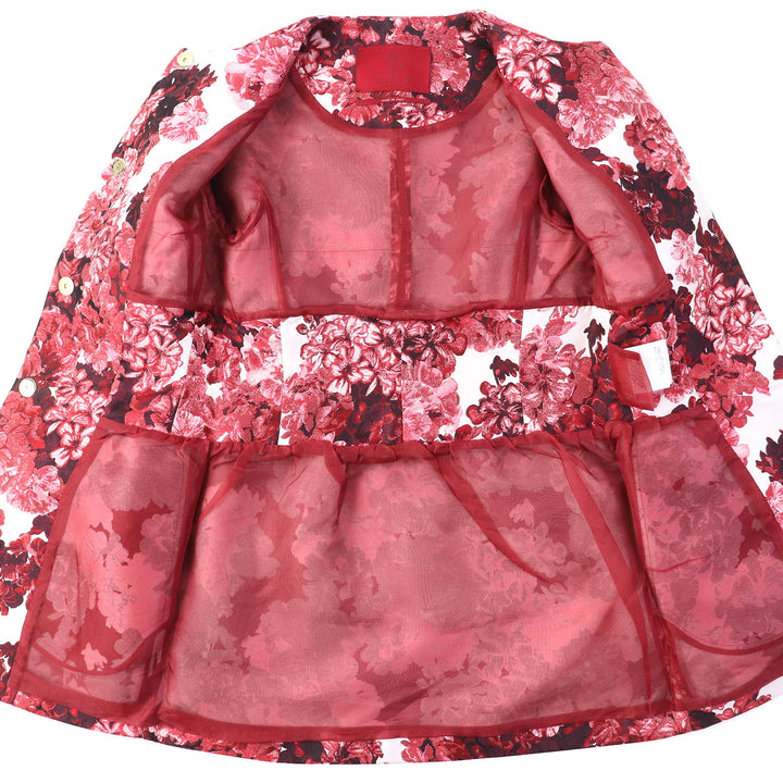 未使用品△モンクレール ガムルージュ SOPHE 裏地シルク100％ ロゴ金具 フラワージャガード 七分袖 ノーカラージャケット 赤系 0 正規品