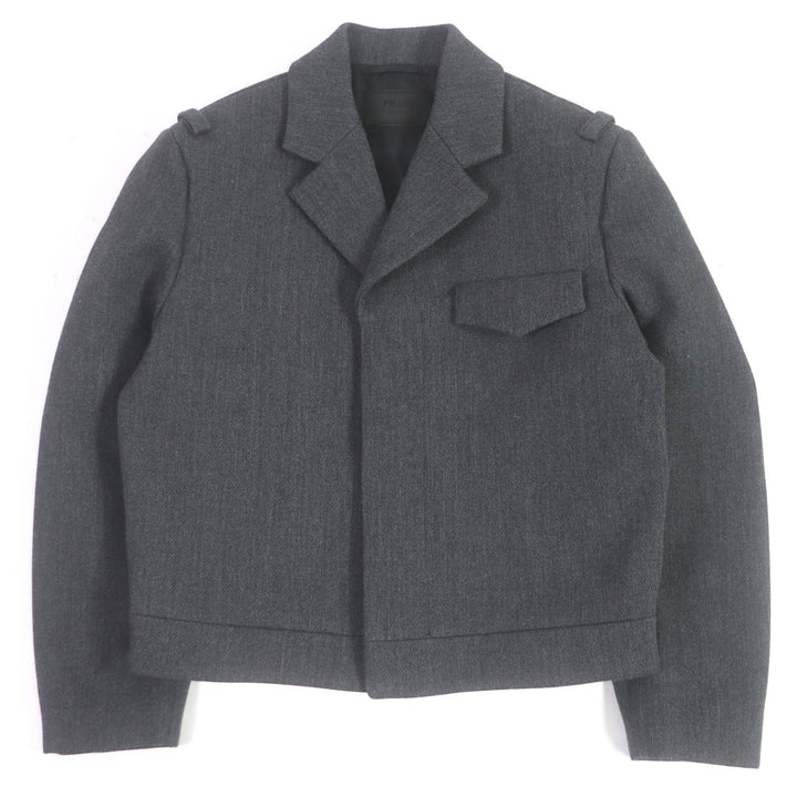 極美品□プラダ 定価440000円 23AW SGC362 トライアングルロゴ フライフロント 比翼 ウールブルゾンジャケット グレー 48 伊製 正規品