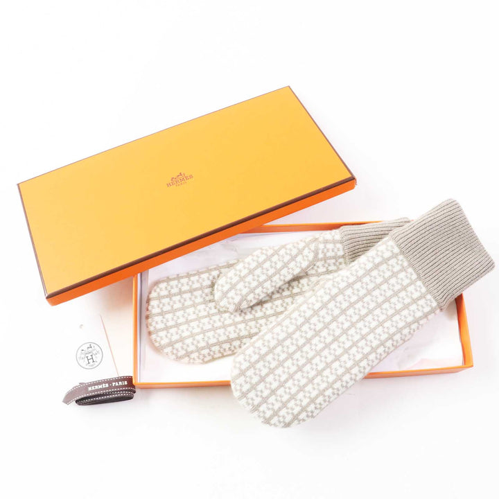 未使用品◎エルメス ホープ カシミヤ100％ ジャガードHモチーフ ニット ミトン／手袋 グレージュ アイボリー S 箱付 正規品 レディース