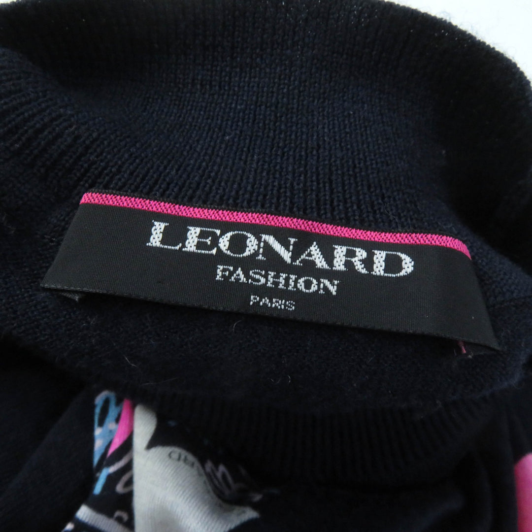美品★レオナール ファッション フラワー ペイズリー柄 シルク混 ウール ハイネック 半袖ニット ネイビー マルチ L 日本製 正規品