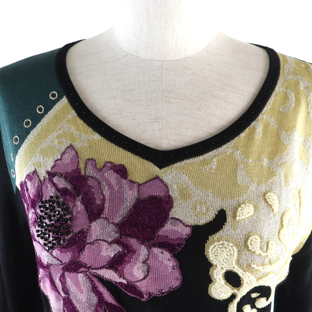 極美品★レオナール ファッション 0387454 ビーズ ラインストーン装飾 ロゴ刺繍入り 七分丈 ニット チュニック ブラック L 正規品