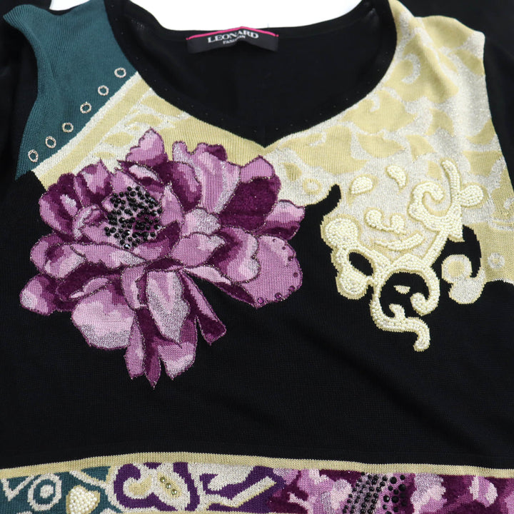極美品★レオナール ファッション 0387454 ビーズ ラインストーン装飾 ロゴ刺繍入り 七分丈 ニット チュニック ブラック L 正規品