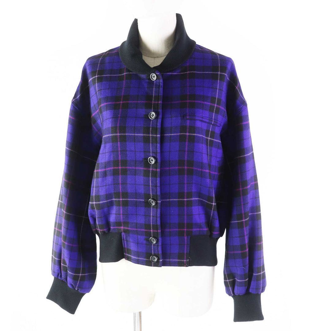 極美品◎Christian Dior クリスチャンディオール ヴィンテージ ウール 100％ チェック柄 ブルゾン パープル系 M レディース