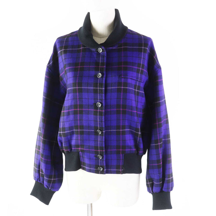 極美品◎Christian Dior クリスチャンディオール ヴィンテージ ウール 100％ チェック柄 ブルゾン パープル系 M レディース
