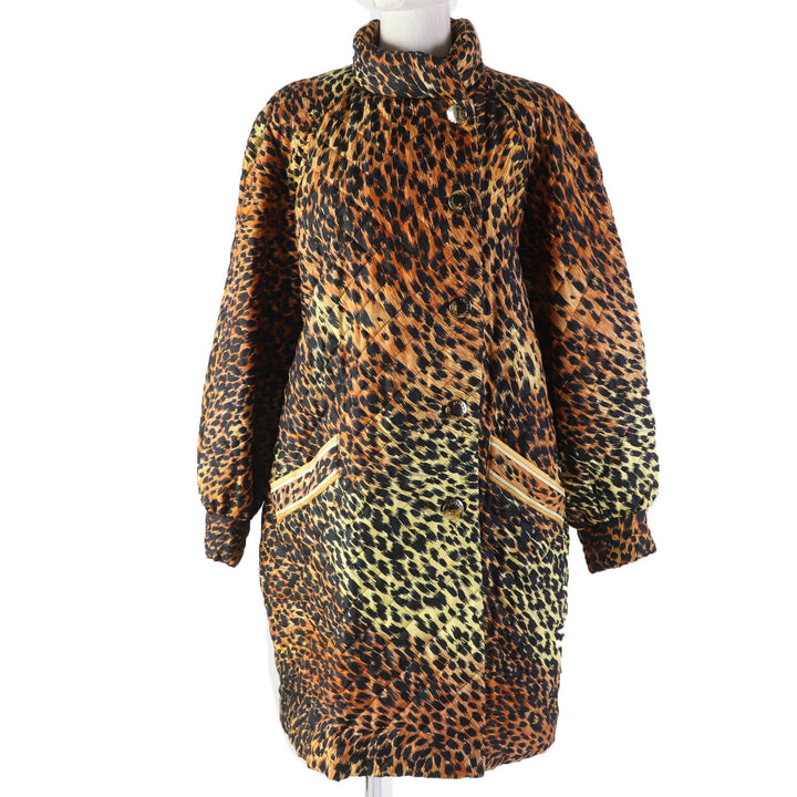 美品☆LEONARD FASHION レオナール ファッション 0328452 シルク100％ レオパード 中綿コート ブラウン ブラック 9AR 日本製 レディース