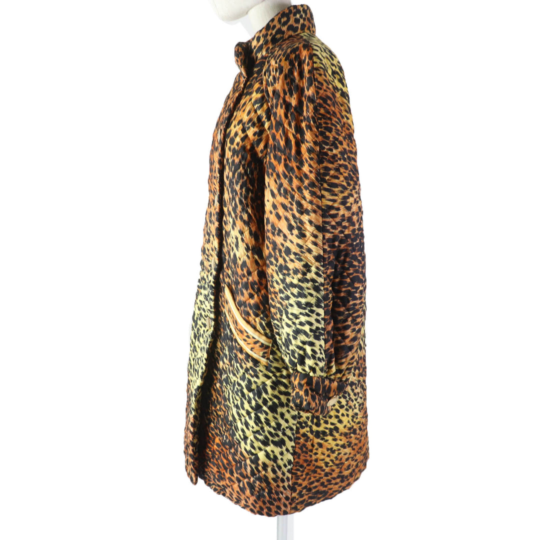 美品☆LEONARD FASHION レオナール ファッション 0328452 シルク100％ レオパード 中綿コート ブラウン ブラック 9AR 日本製 レディース