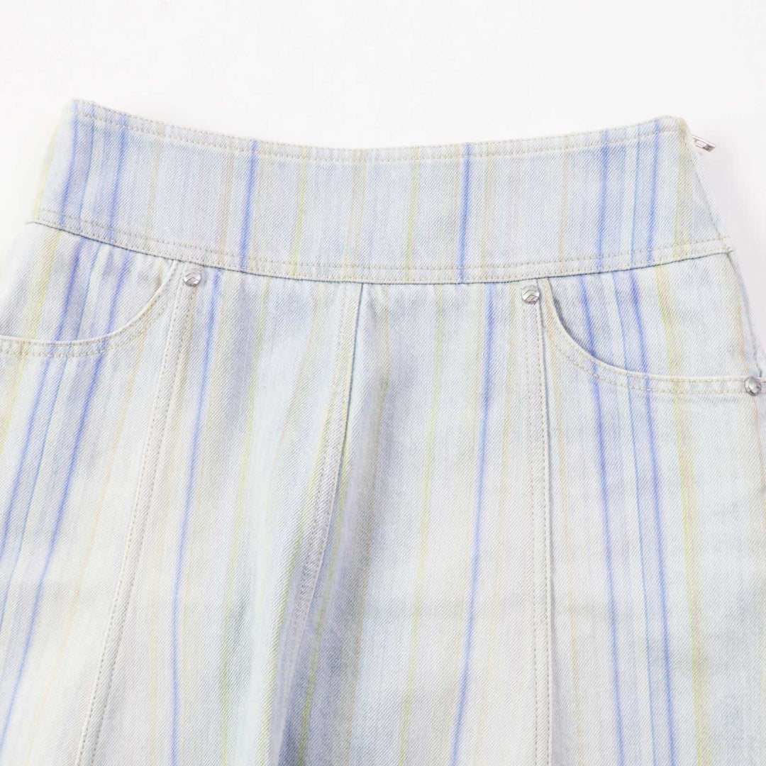 【ドンドン見直し】極美品◎CHANEL シャネル P58766 コットン ストライプ柄 裾カットオフ デニムスカート 34 伊製 正規品