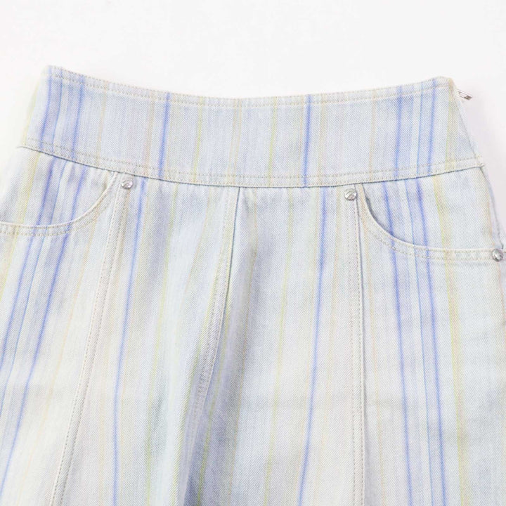 【ドンドン見直し】極美品◎CHANEL シャネル P58766 コットン ストライプ柄 裾カットオフ デニムスカート 34 伊製 正規品
