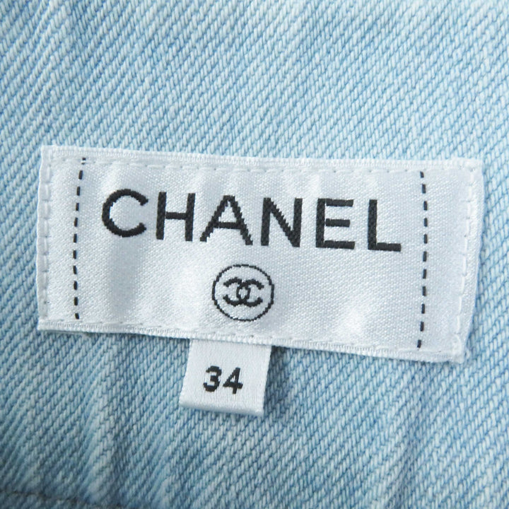 【ドンドン見直し】極美品◎CHANEL シャネル P58766 コットン ストライプ柄 裾カットオフ デニムスカート 34 伊製 正規品