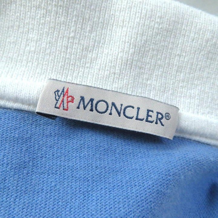 美品★モンクレール 21年製 SS POLO コットン100％ ハーフZIP ロゴワッペン付 半袖 カットソー ホワイト ブルー M 正規品 レディース