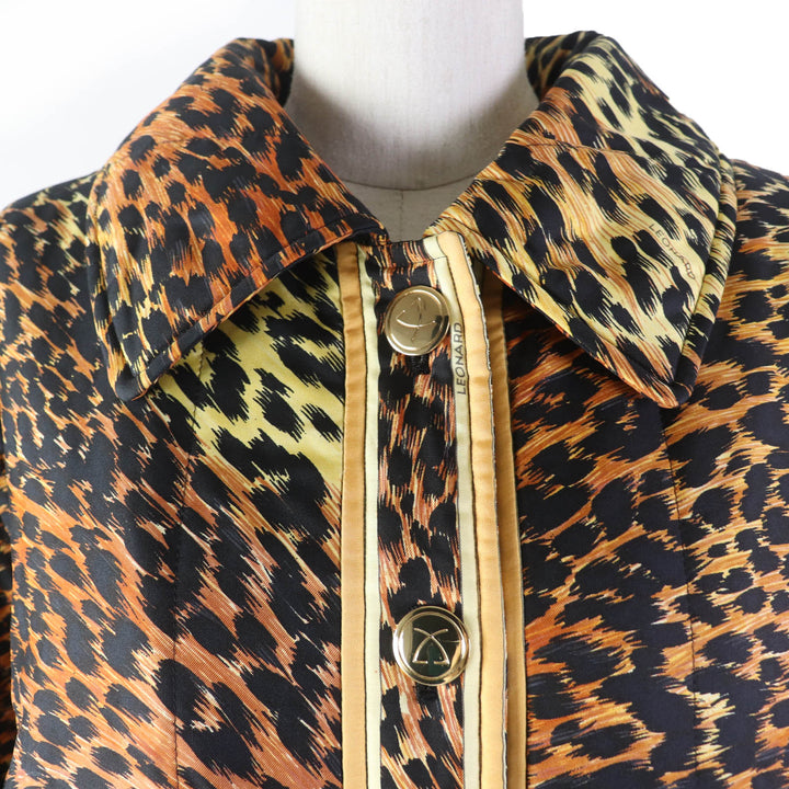 美品☆LEONARD FASHION レオナール ファッション 0328451 シルク100％ レオパード柄 中綿入り コート ブラウン系 9AR 日本製 レディース