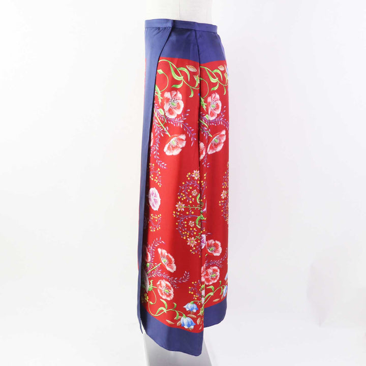 美品◎GUCCI グッチ 21年製 676553 シルク100％ ロゴ入り ボタニカルフラワー柄 ロング ラップスカート ネイビー レッド 36 伊製 正規品