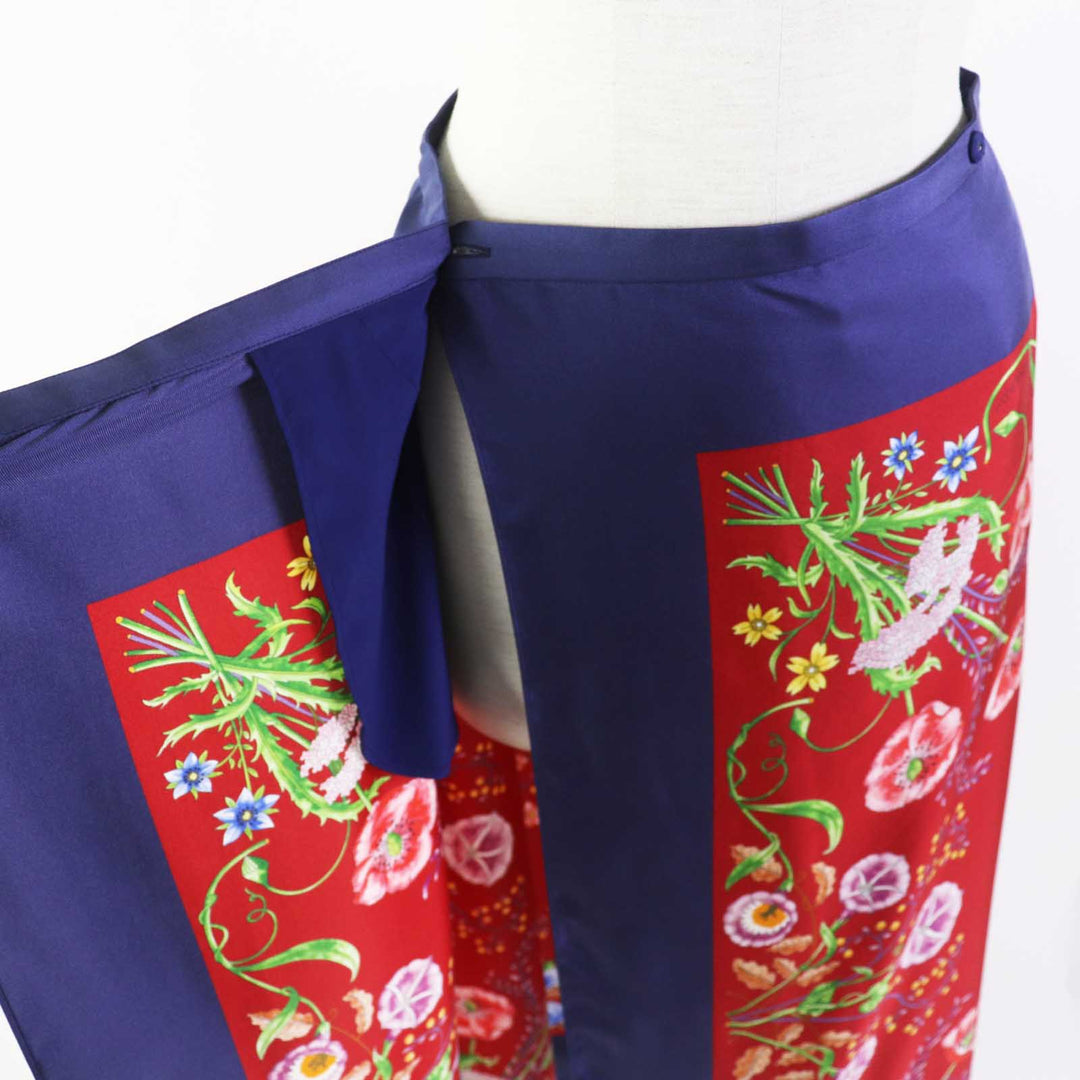 美品◎GUCCI グッチ 21年製 676553 シルク100％ ロゴ入り ボタニカルフラワー柄 ロング ラップスカート ネイビー レッド 36 伊製 正規品