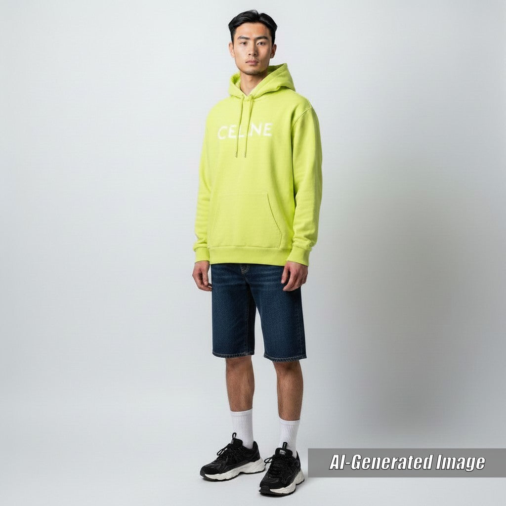 美品□CELINE セリーヌ 2Y369670Q ロゴプリント コットンフリース ルーズフーディー スウェットパーカー イエロー M イタリア製 正規品