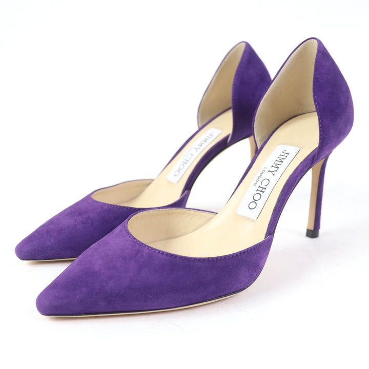 【ドンドン見直し】極美品☆JIMMY CHOO ジミーチュウ ESTHER 85 アーモンドトゥ スウェード パンプス 34.5 箱付 伊製 レディース