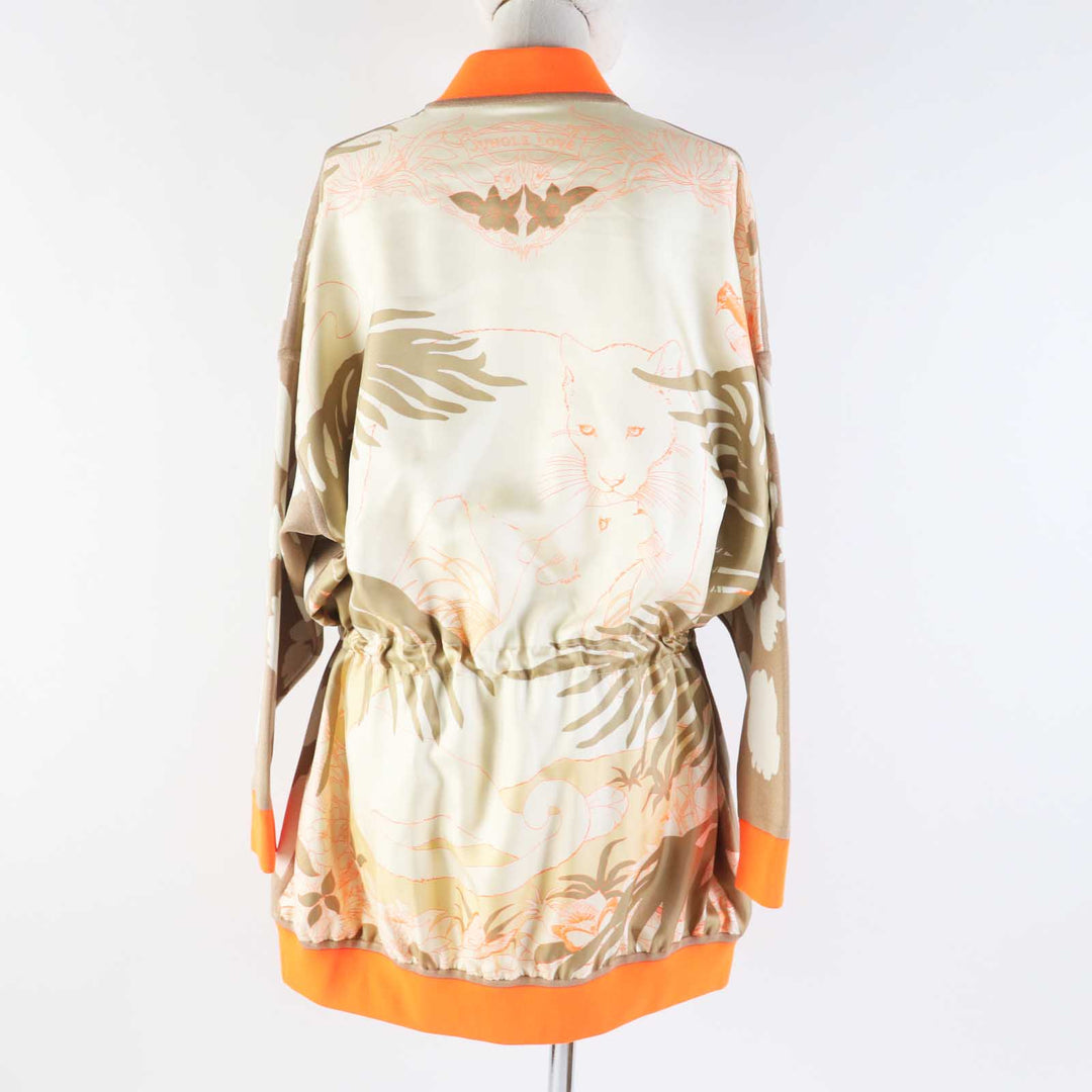 未使用品◎HERMES エルメス 2H2816DR JUNGLE LOVE ジャングルラブ シルク100％ ドローコード付 ロング丈 ジャケット ベージュ オレンジ 34