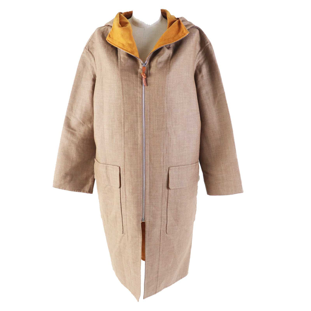 極美品◎HERMES エルメス 2023年製 3E0105DC カシミヤ ウール Wフェイス フーデッド ジップアップ ロングコート ブラウン マスタード 32
