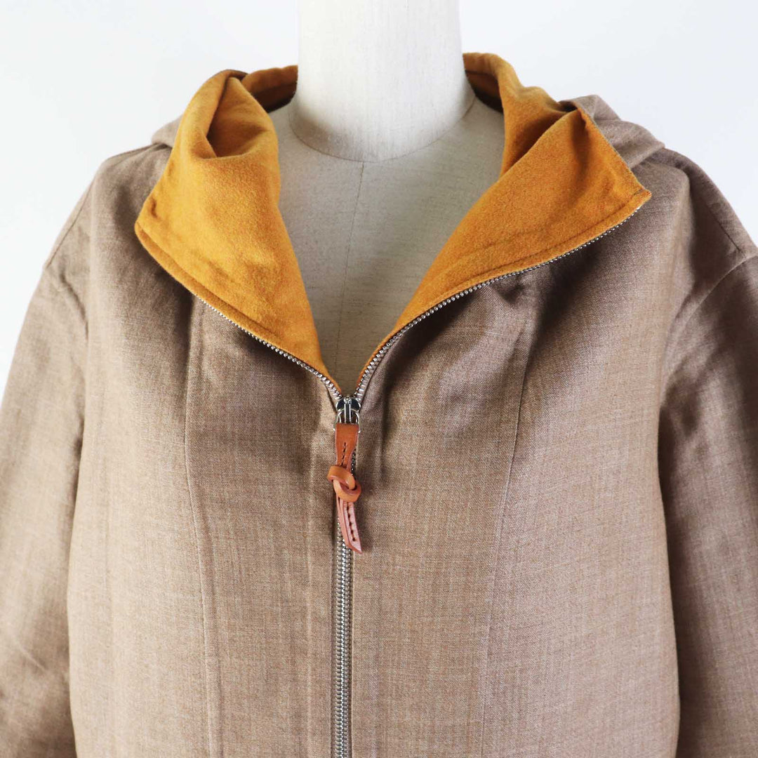 極美品◎HERMES エルメス 2023年製 3E0105DC カシミヤ ウール Wフェイス フーデッド ジップアップ ロングコート ブラウン マスタード 32
