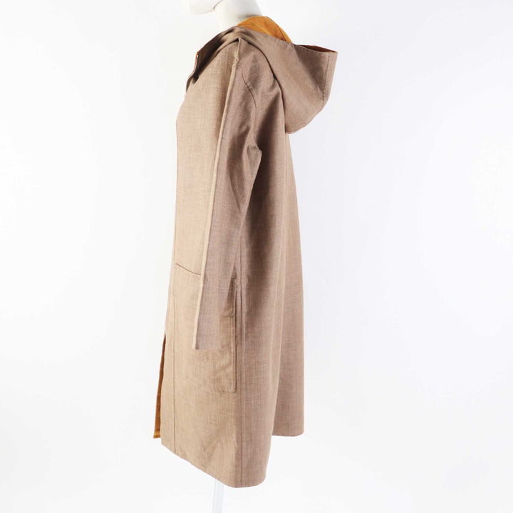 極美品◎HERMES エルメス 2023年製 3E0105DC カシミヤ ウール Wフェイス フーデッド ジップアップ ロングコート ブラウン マスタード 32