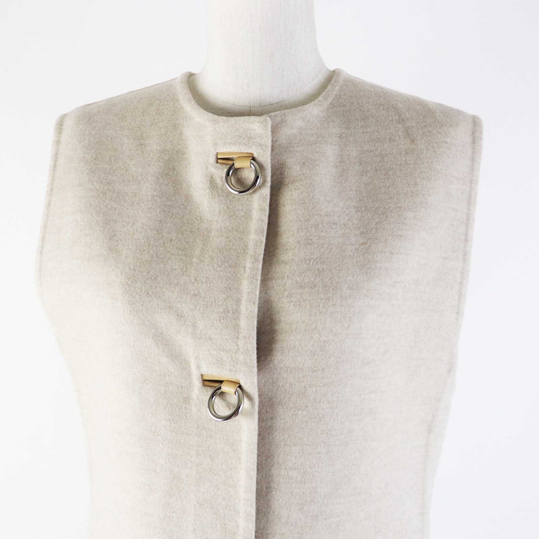未使用品◎HERMES エルメス 3E0223DZ カシミヤ100％ シルバー金具 ラムレザー使い ロング丈 ジレ／ベスト ベージュ 36 正規品 レディース