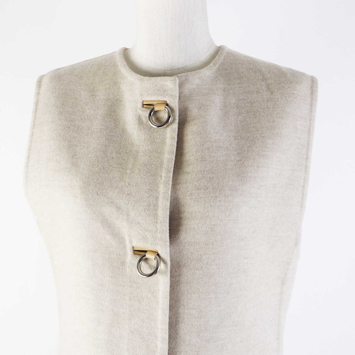 未使用品◎HERMES エルメス 3E0223DZ カシミヤ100％ シルバー金具 ラムレザー使い ロング丈 ジレ／ベスト ベージュ 36 正規品 レディース