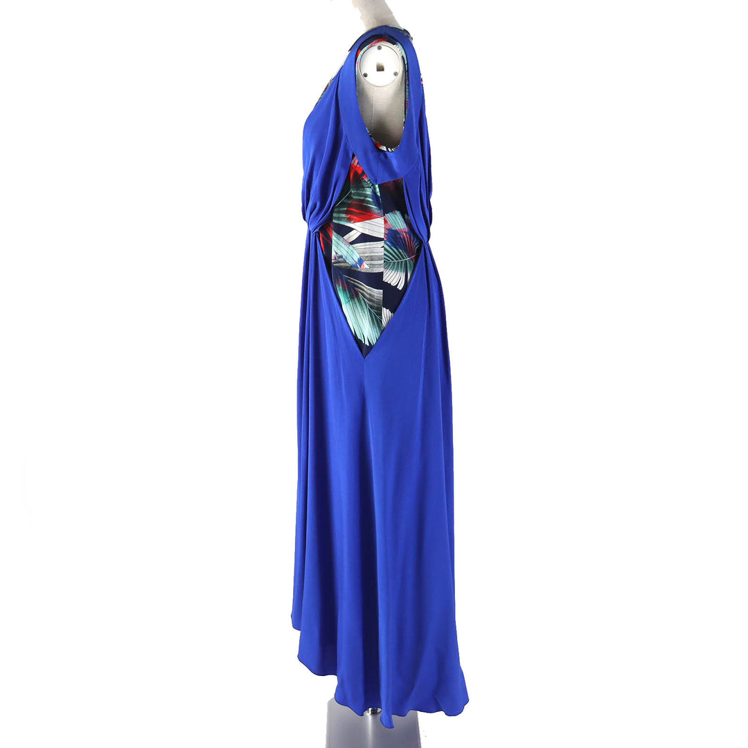 美品△レオナール シルク100% 一部総柄 レイヤードデザイン ノースリーブ ドレス ワンピース マキシ丈 青 マルチ 伊製 正規品 レディース