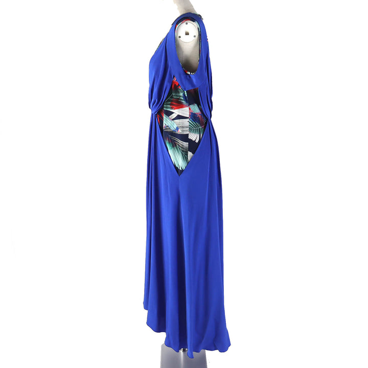 美品△レオナール シルク100% 一部総柄 レイヤードデザイン ノースリーブ ドレス ワンピース マキシ丈 青 マルチ 伊製 正規品 レディース
