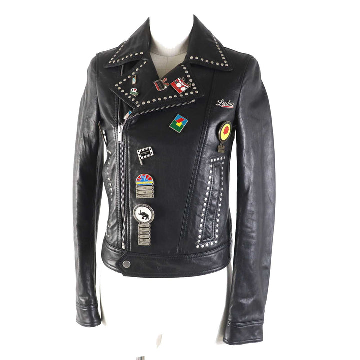 美品◎サンローランパリ 18AW 530735 マルチピンバッジアンドスタッズ モーターサイクルレザージャケット ライダースジャケット 黒 34