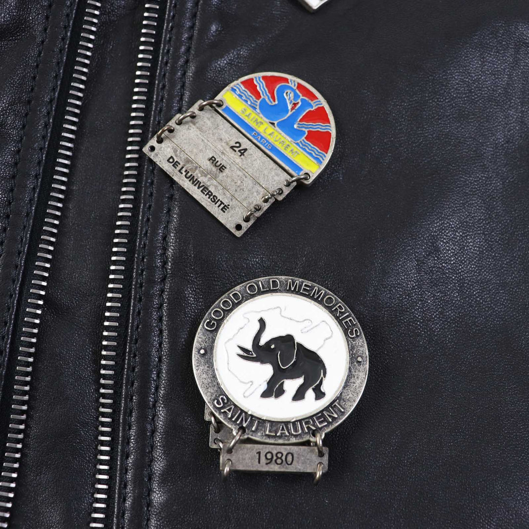 美品◎サンローランパリ 18AW 530735 マルチピンバッジアンドスタッズ モーターサイクルレザージャケット ライダースジャケット 黒 34
