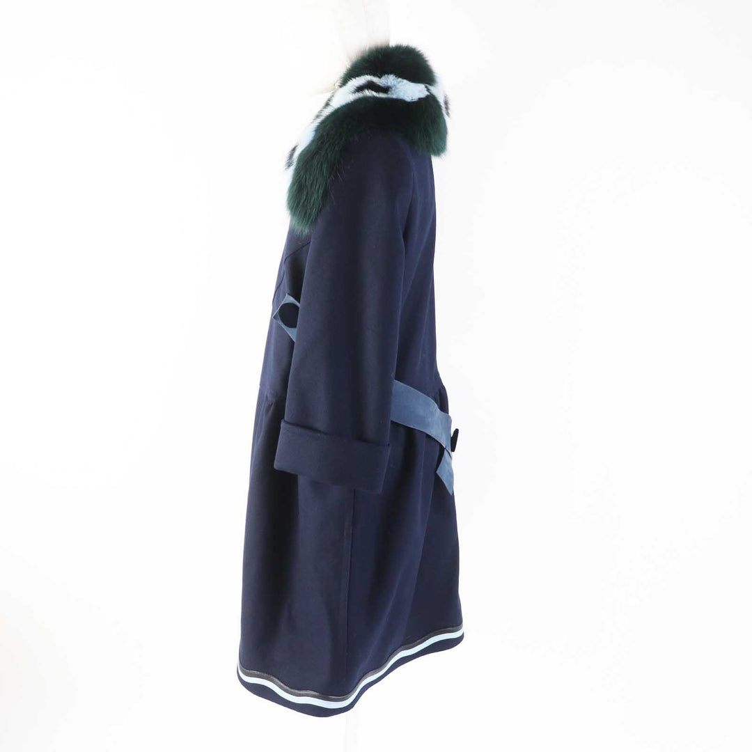 極美品◎FENDI フェンディ FF8246 ウール カシミヤ混 ラムレザー使い 襟フォックスファー ロングコート ネイビー 42 伊製 正規品