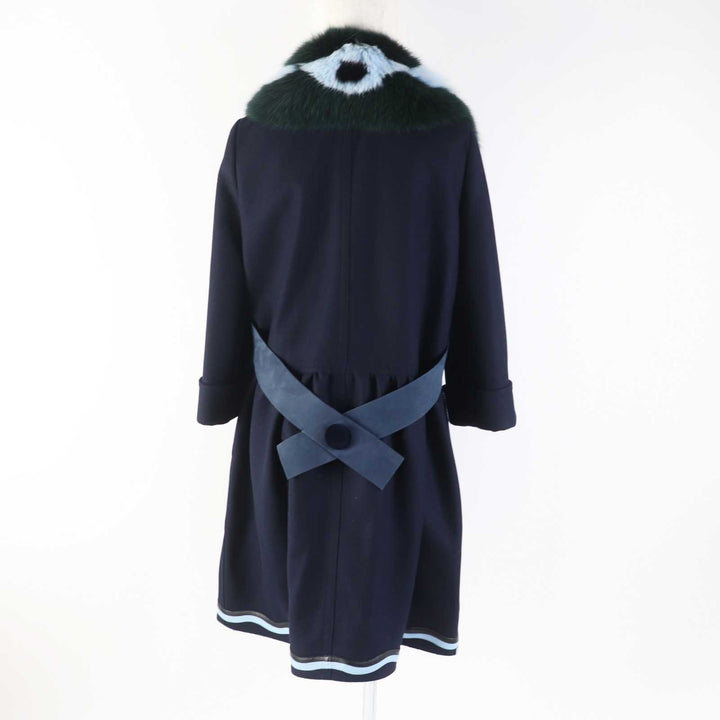 極美品◎FENDI フェンディ FF8246 ウール カシミヤ混 ラムレザー使い 襟フォックスファー ロングコート ネイビー 42 伊製 正規品