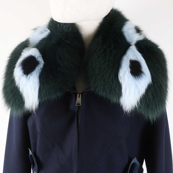 極美品◎FENDI フェンディ FF8246 ウール カシミヤ混 ラムレザー使い 襟フォックスファー ロングコート ネイビー 42 伊製 正規品
