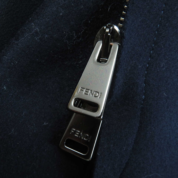 極美品◎FENDI フェンディ FF8246 ウール カシミヤ混 ラムレザー使い 襟フォックスファー ロングコート ネイビー 42 伊製 正規品