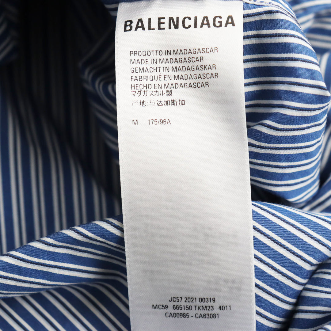美品●BALENCIAGA バレンシアガ 2021年製 665150 ストライプ柄 変形オーバーサイズシャツ 長袖シャツ ブルー M 正規品 ユニセックス