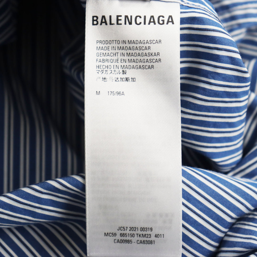 美品●BALENCIAGA バレンシアガ 2021年製 665150 ストライプ柄 変形オーバーサイズシャツ 長袖シャツ ブルー M 正規品 ユニセックス