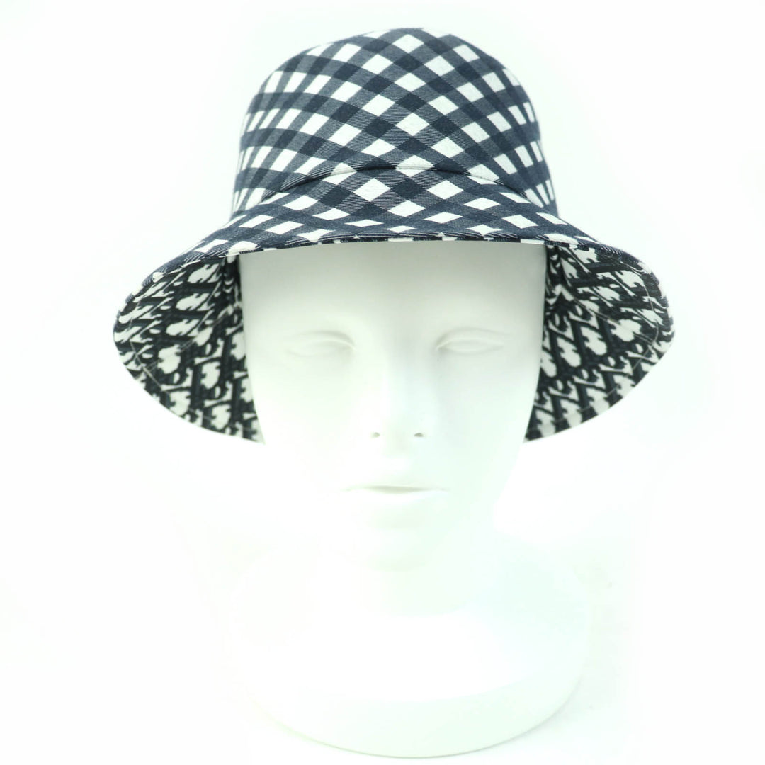 極美品☆Christian Dior クリスチャンディオール 22SS 22VIC923I130 チェック オブリーク バケットハット ネイビー 56 正規品 レディース