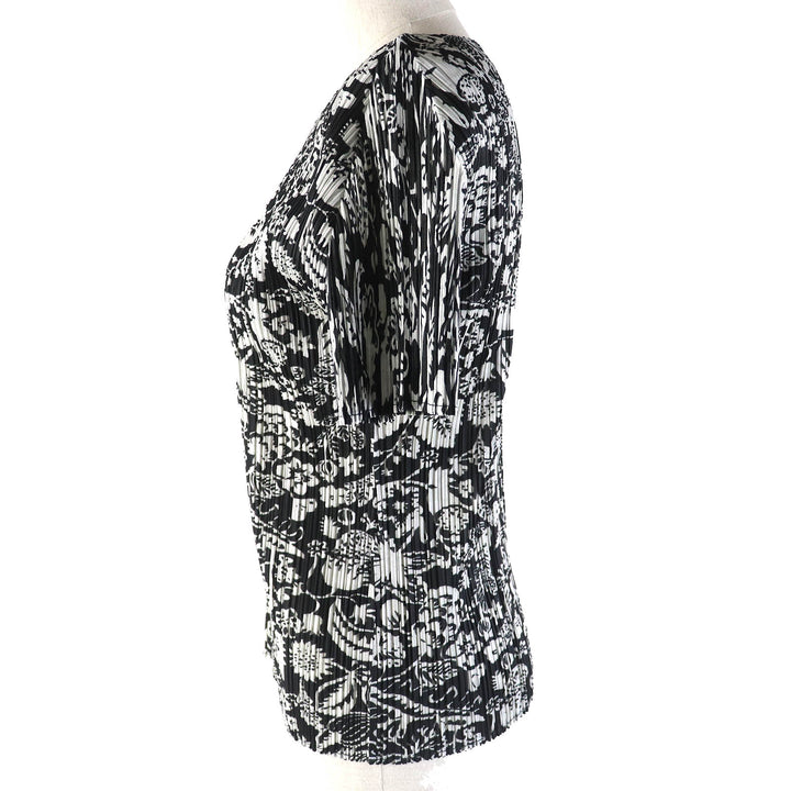 極美品△PLEATS PLEASE プリーツプリーズ イッセイミヤケ PP93-JK751 総柄 クルーネック 半袖 カットソー 4 黒 白 正規品 レディース