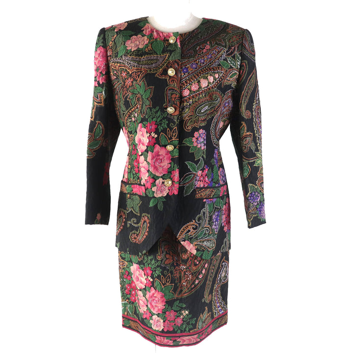 極美△LEONARD FASHION レオナール ファッション シルク ウール ペイズリー 花柄 ノーカラージャケット タイトスカート セットアップ 9AR